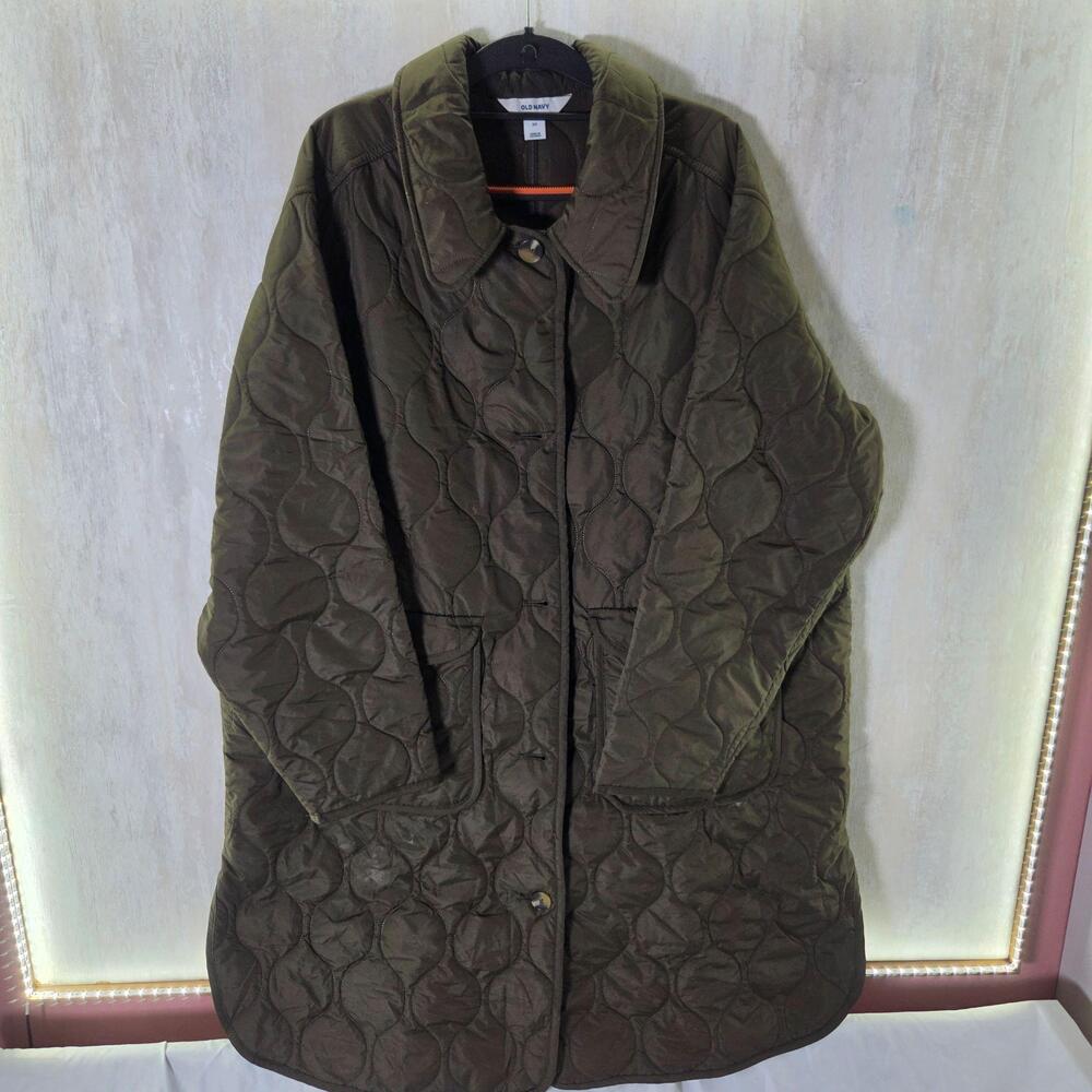 Old Navy Coat Womens 2X Green Long Quilted Button Front Lined Insulated Pockets